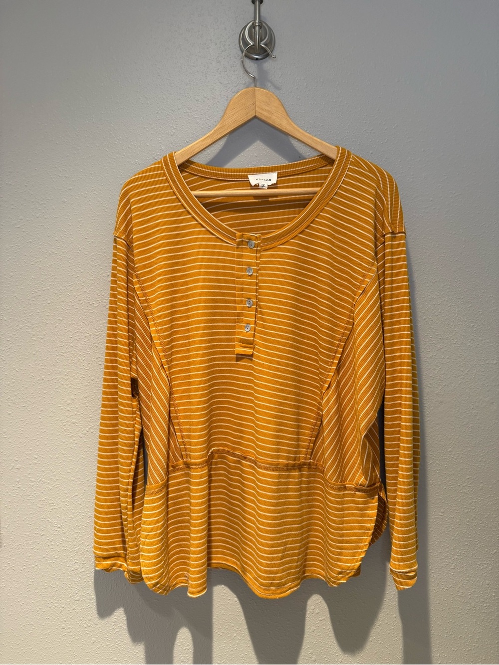 Heyson Mustard Yellow Striped Henley Long Sleeve Top Ribbed Seam Size small